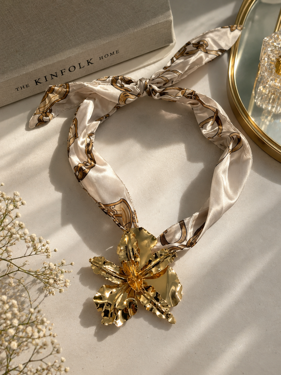 Gold Flower Silk Scarf Necklace- satin Ribbon Choker wit floral Pendant , elegant Statement  Necklace for women