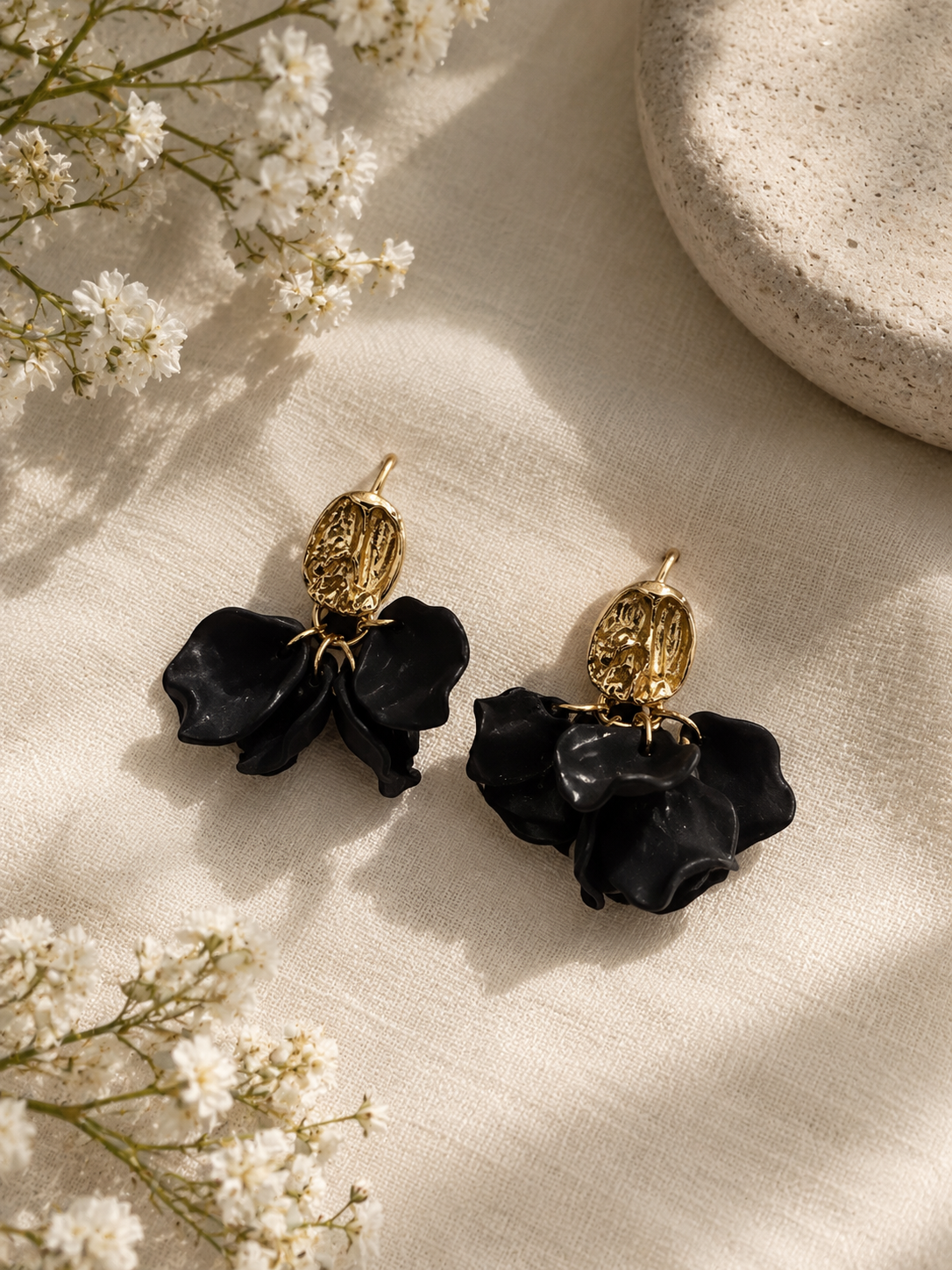 Black Petal Drop Earrings -Gold Floral Dangle Earring for women