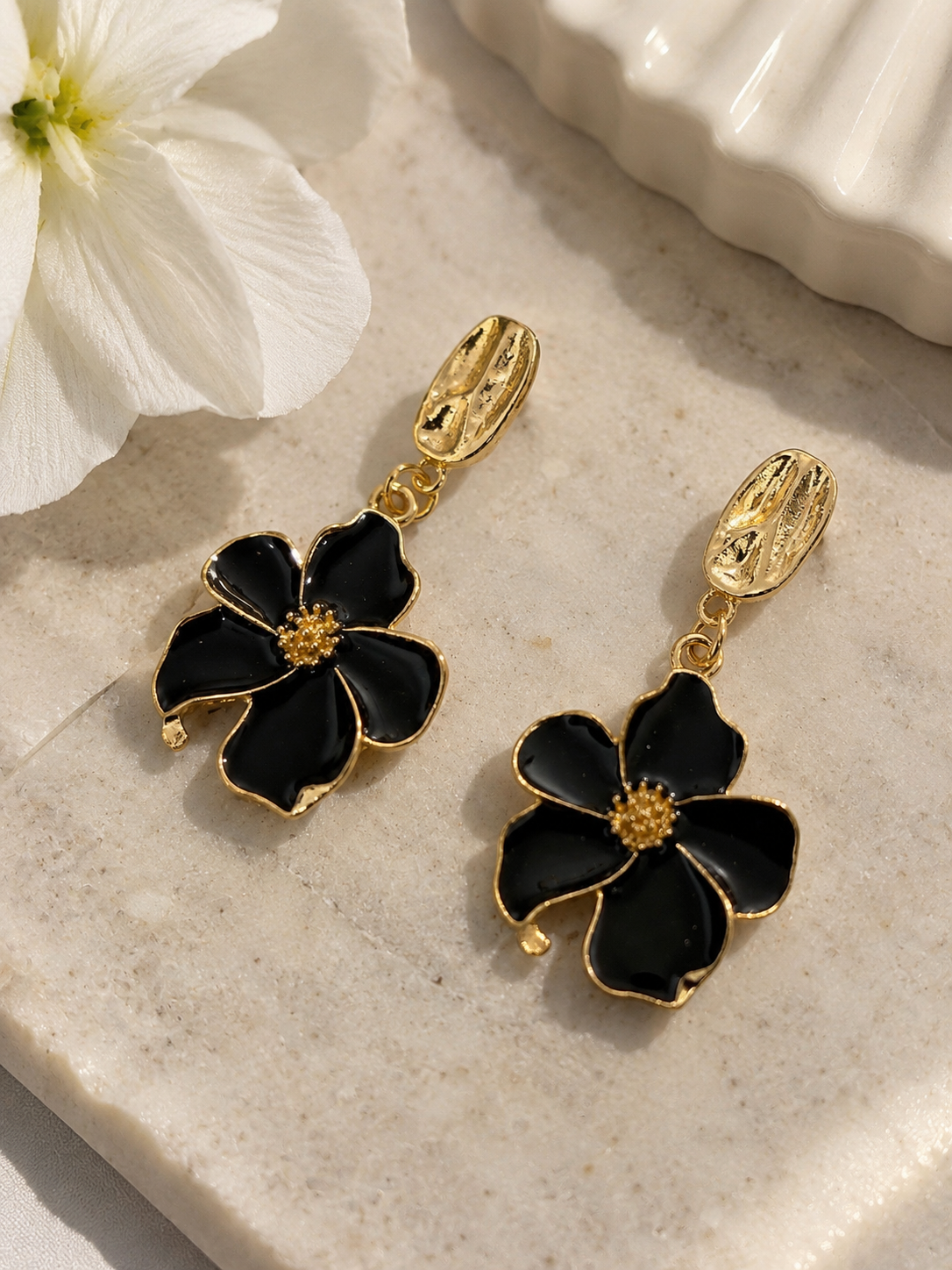 Black Enamel Flower drop Earrings-Gold Trim Floral Dangle Earrings for women