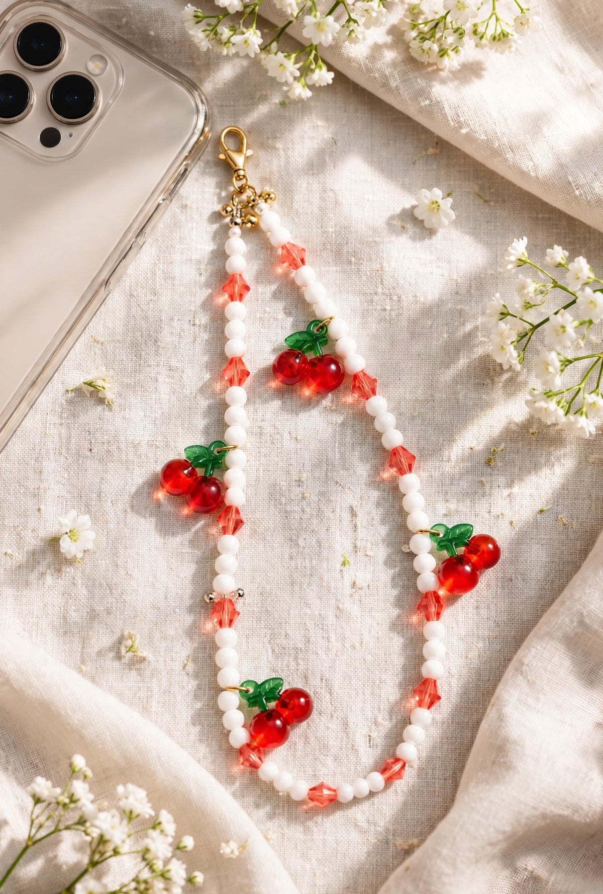 Cherry Phone Charm Wristlet – Beaded Cherry Phone Strap, Cute Fruit Phone Chain