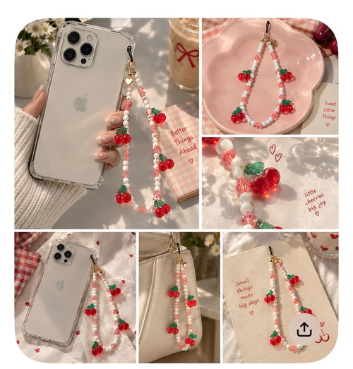 Cherry Phone Charm Wristlet – Beaded Cherry Phone Strap, Cute Fruit Phone Chain