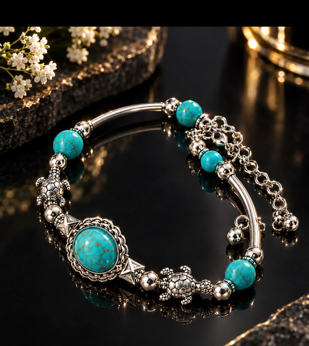 Vintage Turquoise Bracelet – Bohemian Silver Oval Stone Bracelet, Western Boho Jewelry for Women