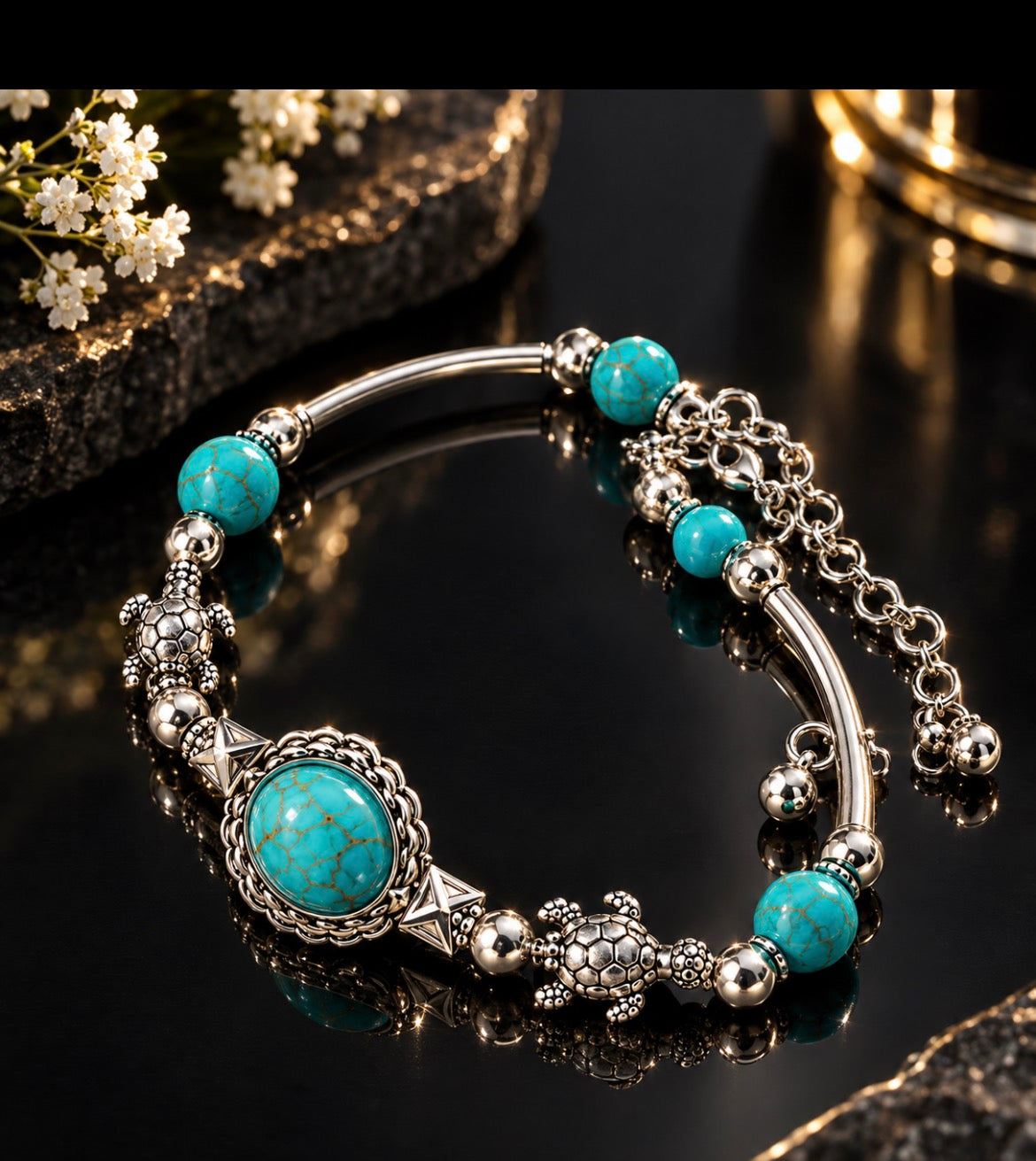 Vintage Turquoise Bracelet – Bohemian Silver Oval Stone Bracelet, Western Boho Jewelry for Women