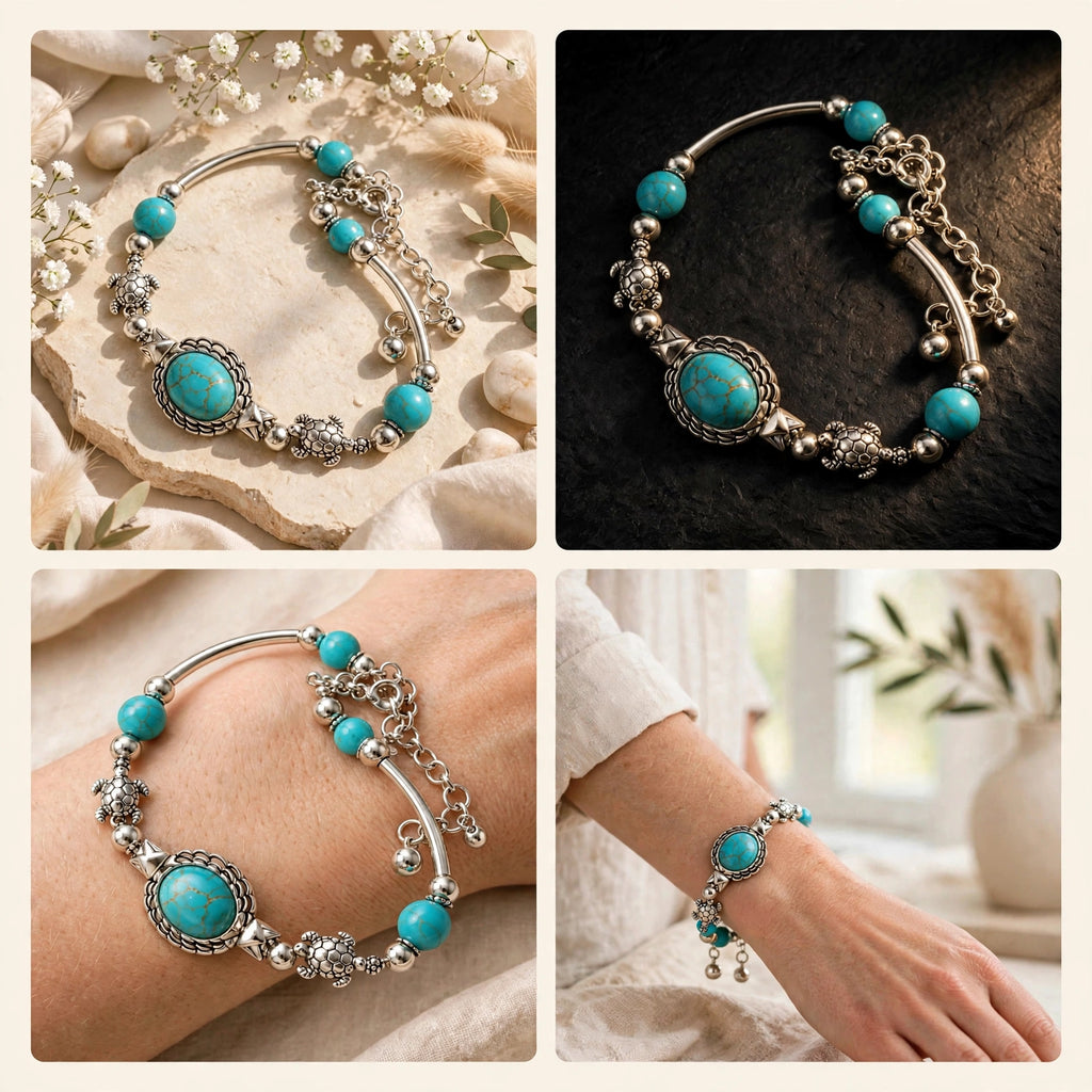 Vintage Turquoise Bracelet – Bohemian Silver Oval Stone Bracelet, Western Boho Jewelry for Women