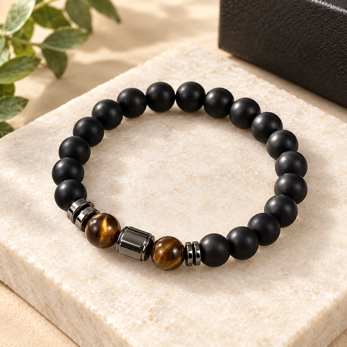 Men's Black Onyx Bracelet – Tiger's Eye Beaded Bracelet, Masculine Stretch Bracelet for Him