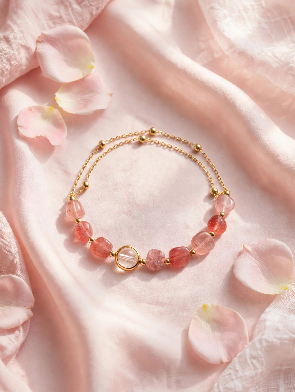 Pink Strawberry Quartz Bracelet-Double Layer Gold Chain, Boho Gemstone Jewelry for Women