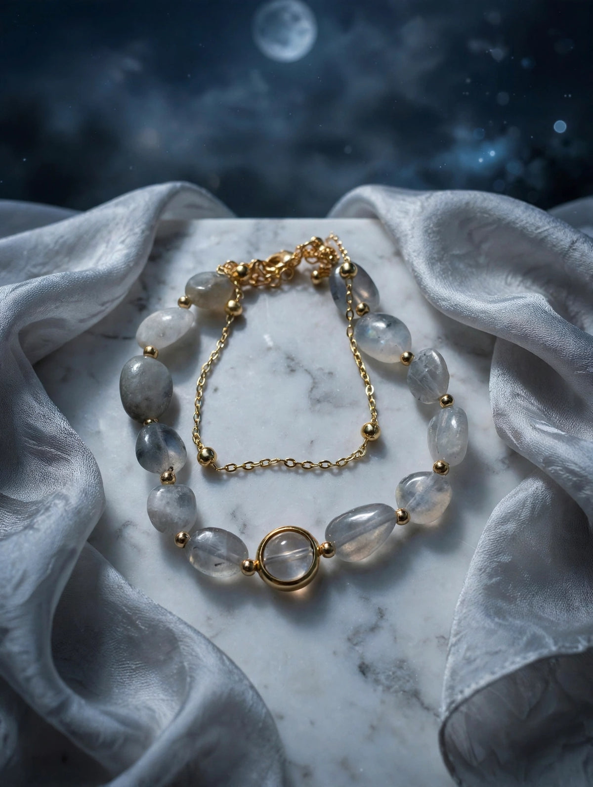 Gray Moonstone Bracelet. Double Layer gold Chain, Boho  Gemstone Jewelry for women