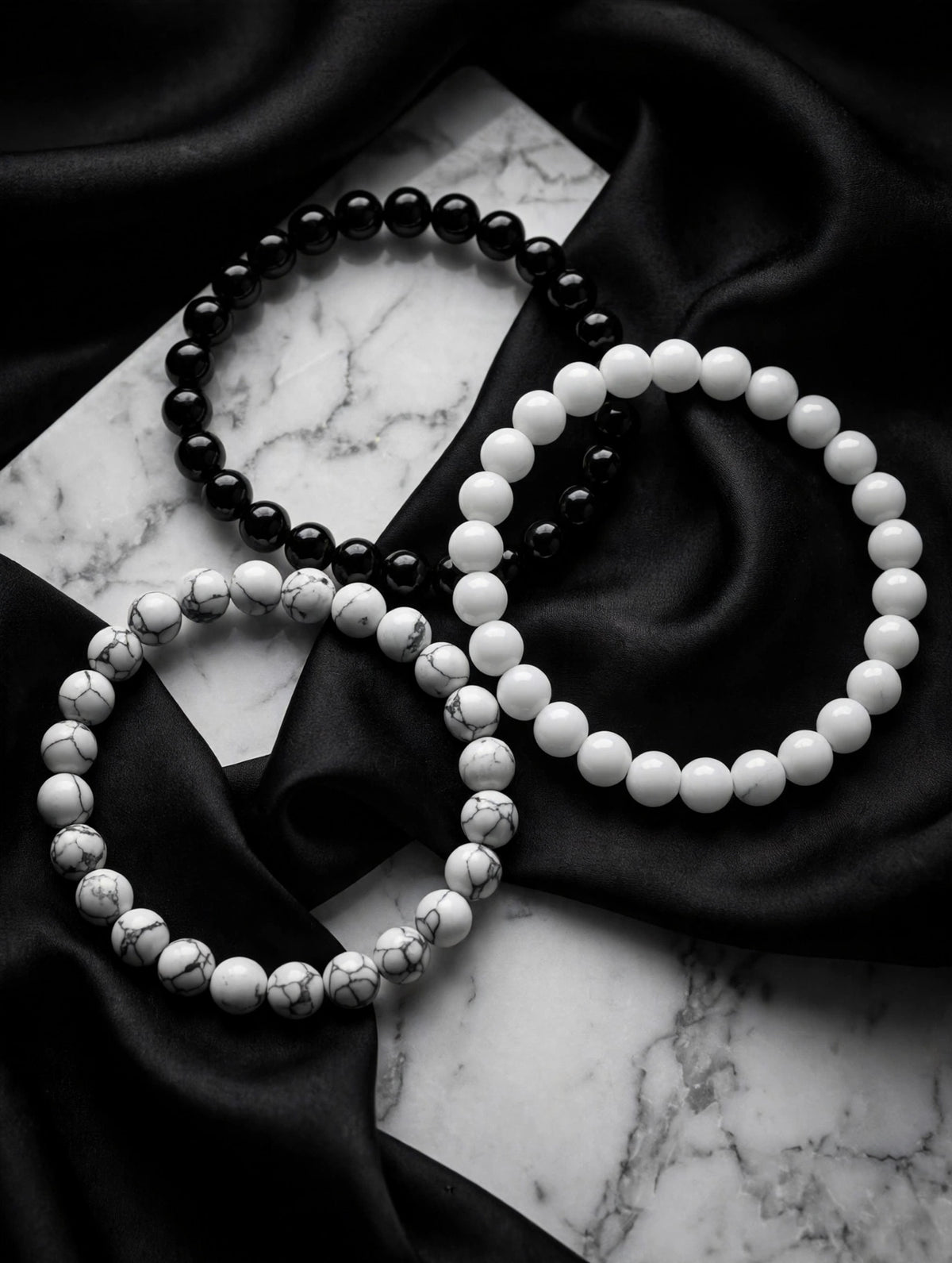 Healing Crystal Bracelet set-black Tourmaline, Howlite &white Jade, 3 Pieces protection Bracelet