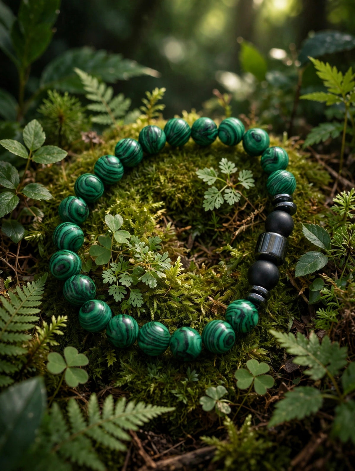 Green Malachite Bracelet -Beaded Stretch Bracelet with Black Onyx Accents, unisex healing Jewelry